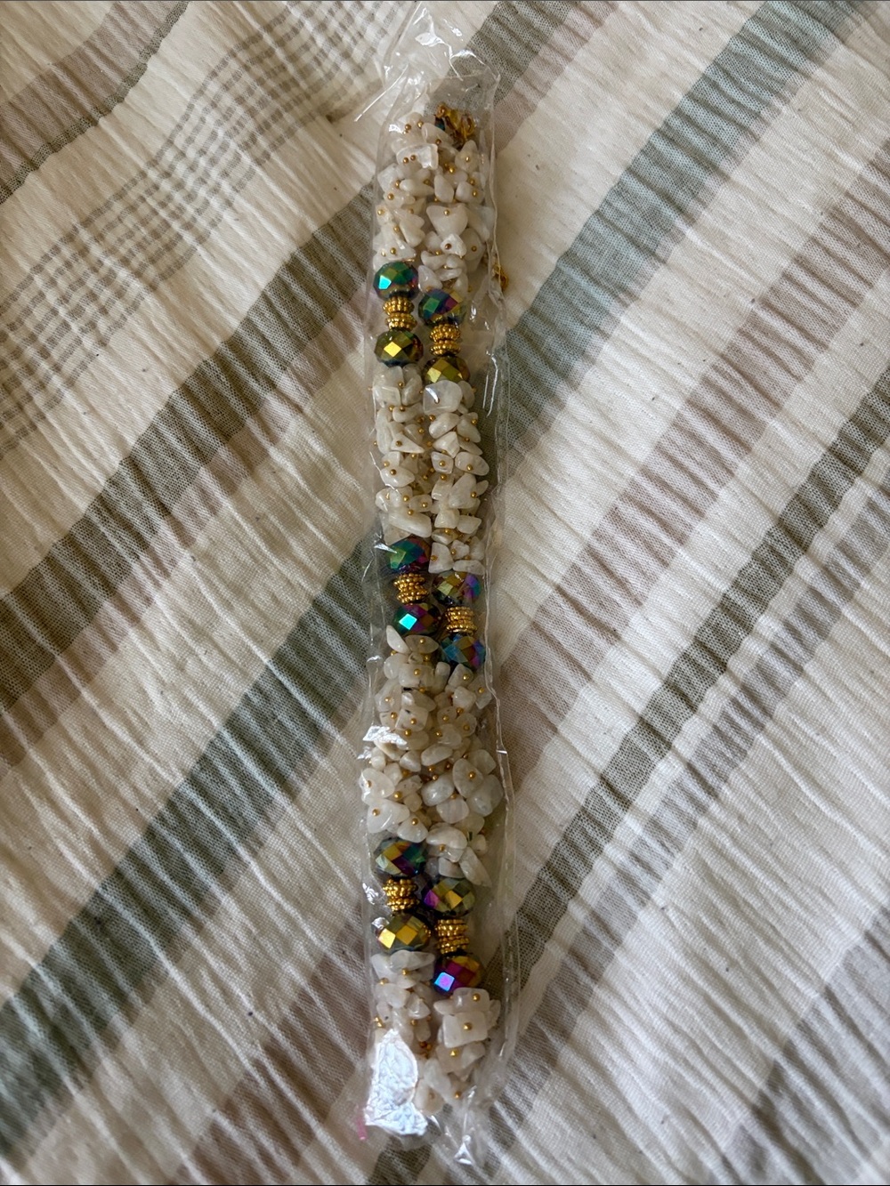 White Chip Bead Necklace with Gold and Iridescent Accents